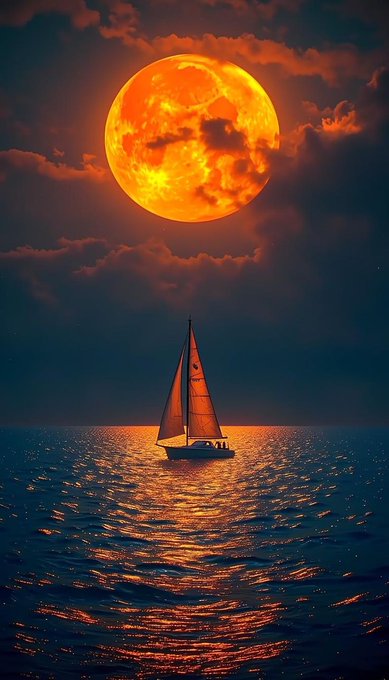 An artistic image of a sailboat on dark ocean waters beneath a massive, glowing orange-red full moon partially obscured by clouds.