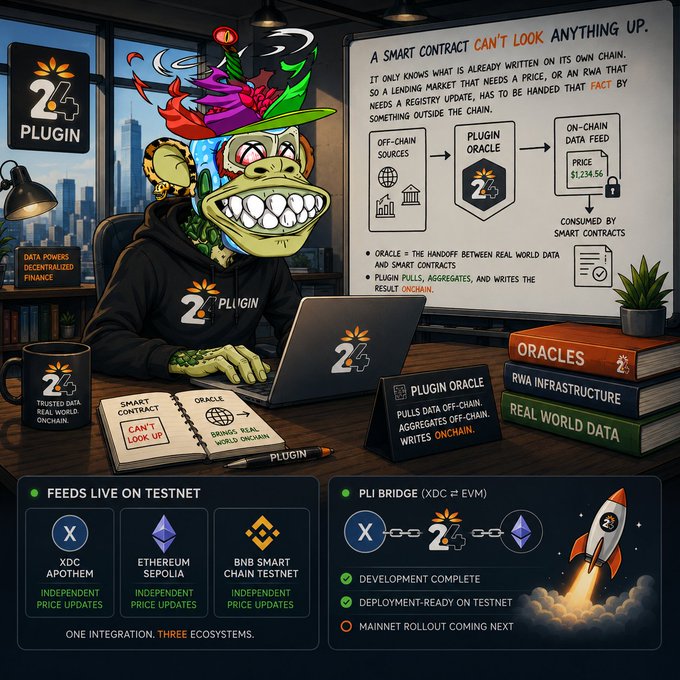A promotional graphic for 'Plugin' featuring a cartoon turtle mascot at a laptop, explaining how their oracle pulls data off-chain, aggregates it, and writes it on-chain for smart contracts, with feeds live on XDC Apotheum, Ethereum Sepolia, and BNB Smart Chain testnets.