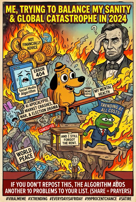 A colorful meme illustration titled 'ME, TRYING TO BALANCE MY SANITY & GLOBAL CATASTROPHE IN 2024' depicting Abraham Lincoln and a dog on a seesaw surrounded by flames and various chaos elements.