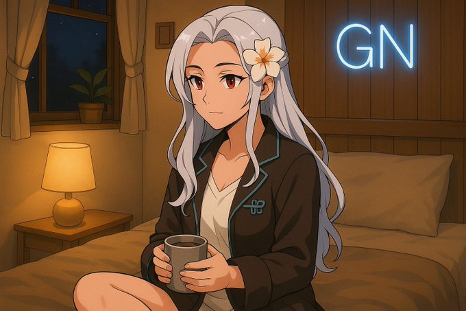 An anime-style illustration of a silver-haired female character with a flower accessory, sitting on a bed in a cozy room and holding a mug, with a glowing 'GN' neon sign on the wall.