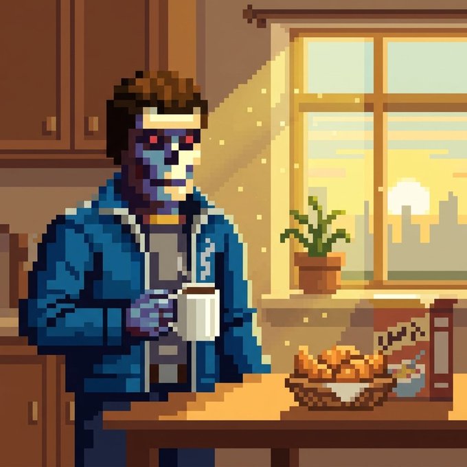 Pixel art of a man with red eyes and purple-tinted skin wearing a blue hoodie, holding a mug in a sunlit kitchen with a basket of pastries on the table.