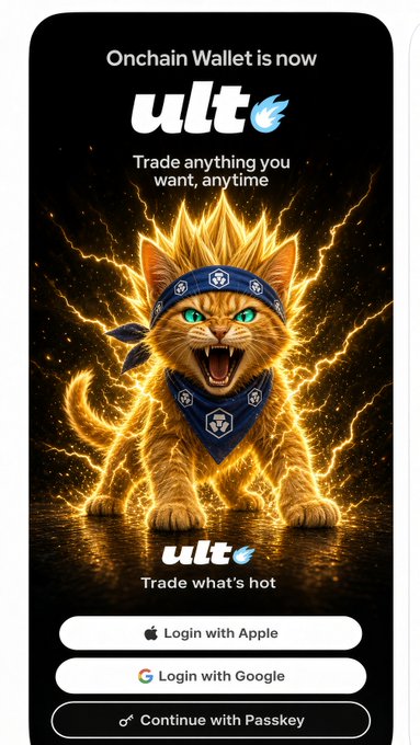 A mobile app screen announces 'Onchain Wallet is now ult' with the tagline 'Trade anything you want, anytime', featuring a fierce orange cat with a blue bandana surrounded by lightning, and login options for Apple, Google, and Passkey.
