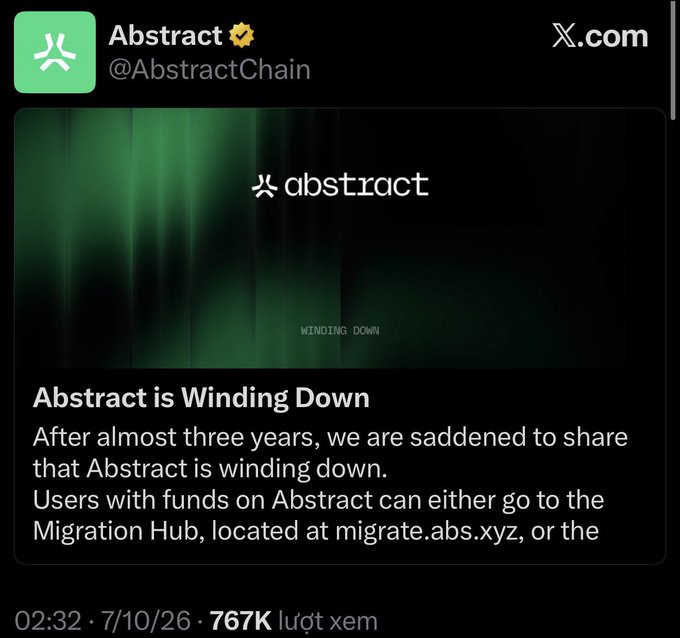 A tweet from Abstract (@AbstractChain) dated 7/10/26 announcing that 'Abstract is Winding Down' after almost three years, with a migration hub located at migrate.abs.xyz, gaining 767K views.