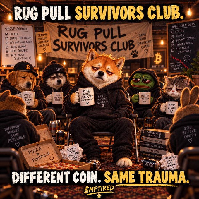 A humorous meme image titled 'RUG PULL SURVIVORS CLUB' with the tagline 'DIFFERENT COIN. SAME TRAUMA.' depicting various anthropomorphic animals (Shiba Inu, Pepe, cats, etc.) wearing hoodies and holding coffee mugs in a support group setting with coping strategies listed.