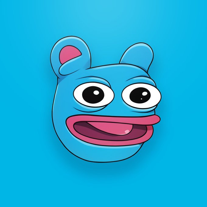 The image features a cartoon bear head with big eyes, a wide open mouth, and pink lips. The bear appears to be smiling or making a funny face for the camera. The background of the image is blue, which contrasts nicely with the bear's vibrant colors. There are no other objects in the image besides the bear itself.