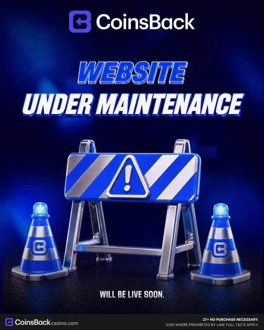 An advertisement for CoinsBack casino displays 'WEBSITE UNDER MAINTENANCE' and 'WILL BE LIVE SOON' with blue traffic cones and a barrier graphic.