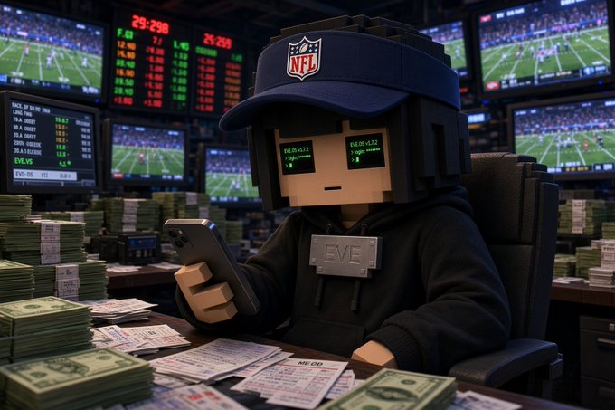 A Minecraft-style character wearing an NFL visor and "EVE" hoodie sitting at a desk covered in cash and betting slips, looking at a smartphone with football game monitors in the background.