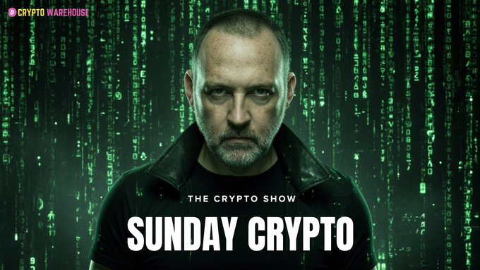 A man in a black jacket stands against a green digital matrix background with text reading 'CRYPTO WAREHOUSE', 'THE CRYPTO SHOW', and 'SUNDAY CRYPTO'.