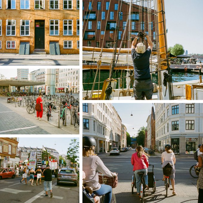 A collage of five 35mm analog film photographs capturing scenes from Copenhagen and Norway, featuring a yellow building with boarded windows, a man working on sailing ship rigging, a cyclist in a red coat near rows of parked bikes, a street parade with protest signs, and cyclists riding down a sunlit urban street. The collage directly showcases the "Northern Observations" photography series being sold as NFTs, with 5 of 25 remaining at 0.069 ETH each.