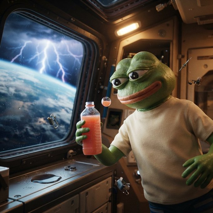 A green Pepe the Frog character floats inside a space station, holding a pink drink while gazing out a window at Earth and lightning through the stars. The image playfully reinforces the "to the moon" sentiment of the post, with Pepe literally drifting in space and the ticker "$FEELSGOOD" echoing the hopeful, jovial vibe of an imminent cosmic rally.