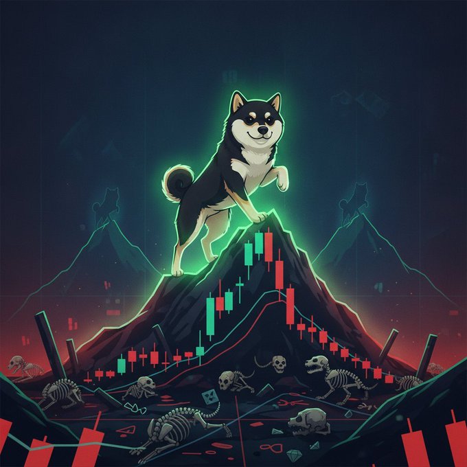 Digital artwork of a black and white Shiba Inu dog standing triumphantly on a mountain peak with a glowing green aura, surrounded by red and green candlestick charts and skeletons at the base.