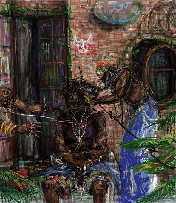 A chaotic, expressive painting depicts a muscular figure in chains being restrained by another figure in a dark, urban setting with brick walls and graffiti.