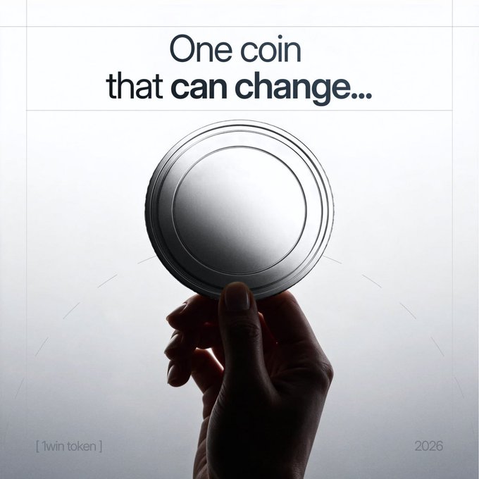 A hand holds up a large silver coin against a light background, with the text "One coin that can change..." displayed above and "[ 1win token ] 2026" labeled in the bottom corners, visually representing the concept of a single, transformative cryptocurrency token.