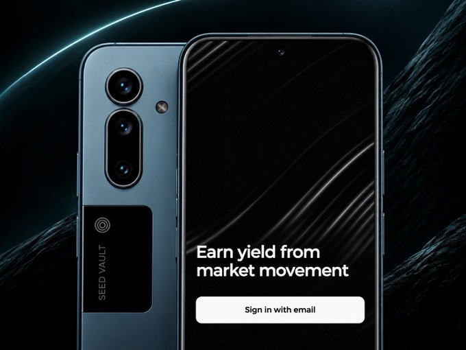 The image shows a Solana Mobile smartphone (featuring its distinctive triple-camera setup and "Seed Vault" branding) displaying the Thaler app's splash screen with the tagline "Earn yield from market movement" and a "Sign in with email" button. The promotional visual connects Thaler—a yield-generation platform—to the Solana Mobile ecosystem, signaling that the Thaler app will be launching on Solana Mobile devices.