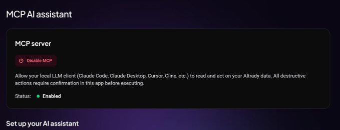 A dark-themed settings page for an 'MCP AI assistant' shows an 'MCP server' section with a red 'Disable MCP' button and text indicating the status is 'Enabled'.
