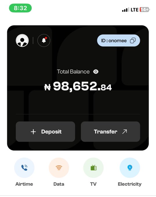 A mobile wallet/dashboard displaying a Total Balance of ₦98,652.84 for user ID "onomee," with quick-access buttons for Airtime, Data, TV, and Electricity payments—humorously illustrating the need to "touch grass" by withdrawing from a digital balance rather than spending more on virtual subscriptions.