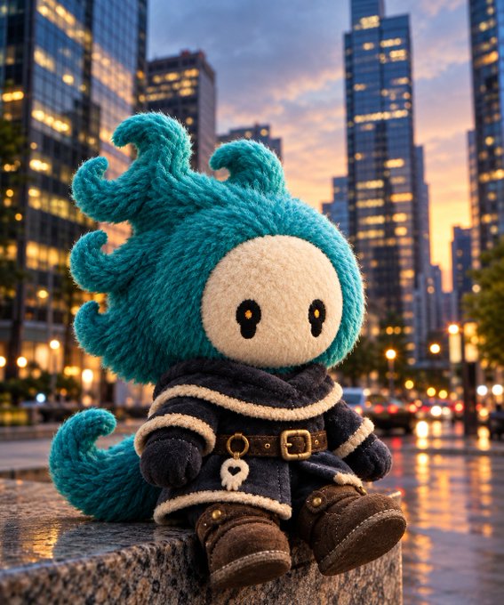 A plush toy character with a white round face and teal furry hair sits on a stone ledge in an urban city setting at sunset, wearing a dark coat with a belt and brown boots.
