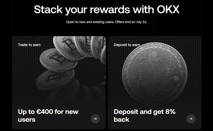 The image is an OKX promotional banner titled "Stack your rewards with OKX," offering two incentives for new and existing users until July 31: "Up to €400 for new users" through trading, and "Deposit and get 8% back" on deposits. It supports the post by showcasing OKX's user-retention strategy beyond initial migration, highlighting reward features like trading bonuses and deposit yields that incentivize EU users to stay on the platform.