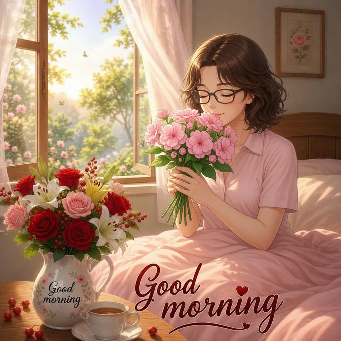 An illustration shows a woman with glasses holding pink flowers while sitting on a bed in a sunlit room, with 'Good morning' written in script and another floral arrangement beside a teacup labeled 'Good morning'.