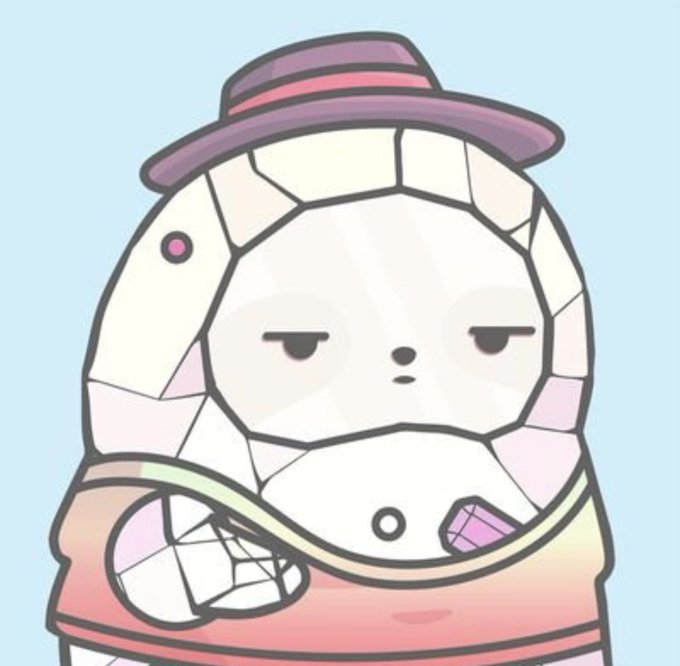 A cute cartoon illustration of a geometric/fragmented white character wearing a purple hat and red and yellow clothing with a tired or unimpressed expression on a light blue background.