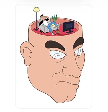 The image features an illustration of a man's head with a television inside his brain, surrounded by various objects such as a couch, lamp, and potted plant. The caption reads "“ #crypto has been living in his head rent free for a decade and @Matt_Hougan has a penthouse there". This post seems to be discussing the concept of Bitcoin or digital currency, with an artistic representation of its impact on people's lives.