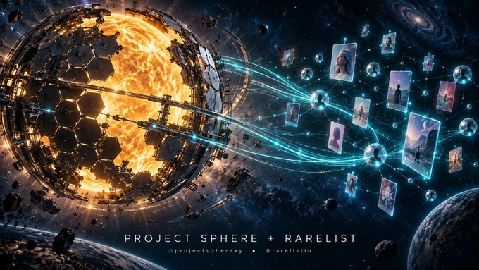Sci-fi artwork of a glowing sphere connected by light beams to floating portrait cards in space, labeled 'PROJECT SPHERE + RARELIST' with handles @projectspherexyz and @rarelistio.