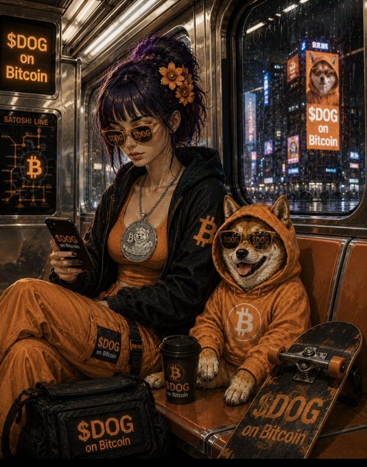 The image features two women sitting next to each other on public transportation, with one woman wearing an orange hoodie and sunglasses while the other has a dog on her lap. They are both looking at their cell phones. The background of the image shows buildings and signs for Bitcoin, indicating that they might be in a city where Bitcoin is popular or gaining popularity. A post on social media reads "Give it a few years, and $DOG will be everywhere and on everything." This suggests that the women are likely discussing or sharing their thoughts about Bitcoin with each other while using public transportation.