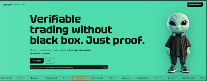 Website landing page for BLEEP featuring an alien mascot and tagline 'Verifiable trading without black box. Just proof.', with a 'Join Early Access' button.