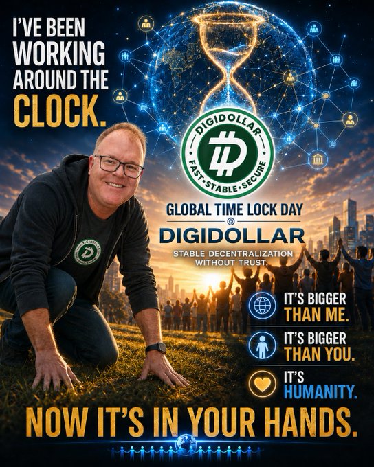 A promotional poster for 'DIGIDOLLAR' cryptocurrency, featuring a kneeling man, an hourglass-globe graphic, and slogans including 'I'VE BEEN WORKING AROUND THE CLOCK' and 'NOW IT'S IN YOUR HANDS.'