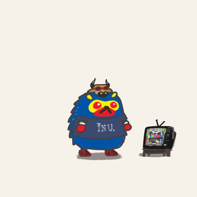 A cartoon illustration of a blue furry monster-like figure with red eyes and a yellow mask, wearing a 'Hello' sweater, standing next to a small television displaying a colorful test pattern.