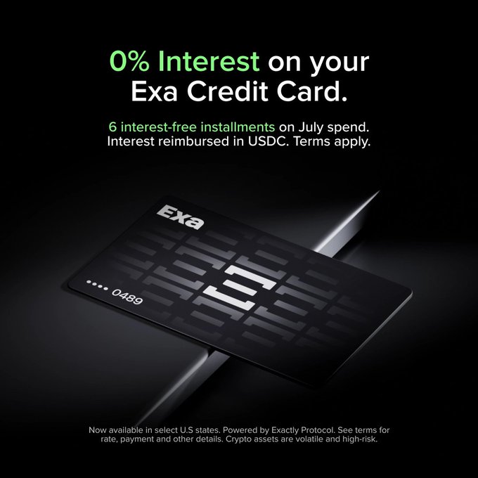 A promotional ad for the Exa Credit Card, displayed as a sleek black card with the "ExA" logo and card number "0489," features the headline "0% Interest on your Exa Credit Card" with details about 6 interest-free installments on July spend and interest reimbursed in USDC. The image visually reinforces the post's message by showcasing the card itself, highlighting its crypto-backed credit benefits, USDC reimbursement offer, and acceptance at 150M Visa merchants.