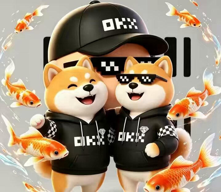 The image features two cartoon dogs wearing black jackets with white text, standing next to each other against a gray background. The dogs are smiling and appear to be posing for a photo or a drawing. In the background, there are several goldfish swimming around in circles, adding an interesting visual element to the scene. The overall composition of the image suggests that it could be related to a post on social media, possibly featuring the two cartoon dogs as the main subject.