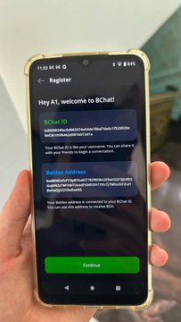 A person holds a smartphone displaying a registration page for 'BChat!' showing a BChat ID and a Bellow Address being generated, with a green 'Continue' button at the bottom.