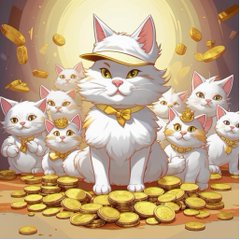 A digital illustration of a cat-maneki-neko figure wearing a cap, surrounded by smaller white cats and gold coins.