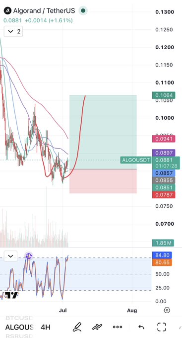 A TradingView 4-hour chart of ALGO/USDT showing the price at 0.0881 (+1.61%) with a double bottom pattern forming near the 0.0787-0.0857 support zone, as highlighted by the colored horizontal levels and technical indicators at the bottom.