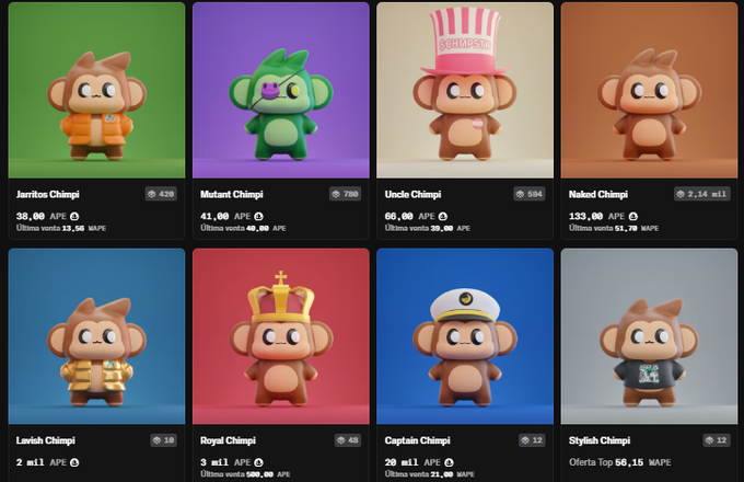 A grid of eight 3D-rendered Chimpi monkey NFT characters in various outfits, with labels including 'Jarritos Chimpi', 'Mutant Chimpi', 'Uncle Chimpi', 'Naked Chimpi', 'Lavish Chimpi', 'Royal Chimpi', 'Captain Chimpi', and 'Stylish Chimpi' along with prices and APE stats.