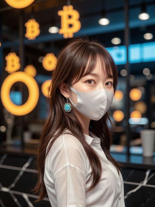 A portrait of a young woman wearing a white face mask and turquoise earrings in what appears to be a cryptocurrency exchange, with Bitcoin (₿) symbols glowing in the background.