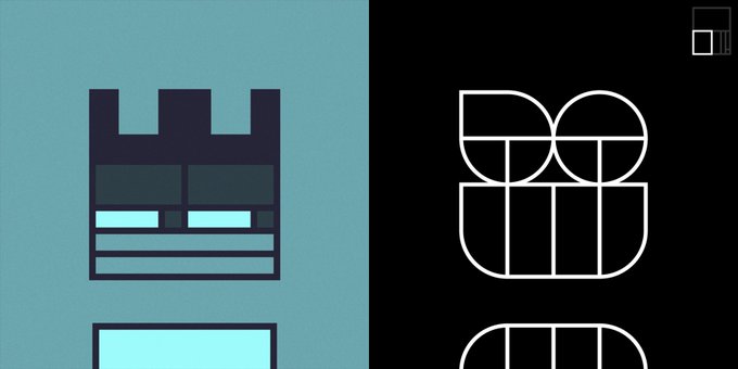 Split graphic design with a teal left side showing a castle/block icon and a black right side showing white line-art letterforms spelling "DOOM".