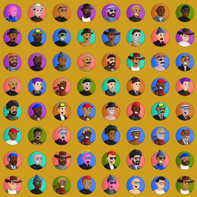 A grid of 64 colorful circular NFT-style avatars depicting diverse cartoon characters with various hats, sunglasses, and hairstyles on a mustard-yellow background.