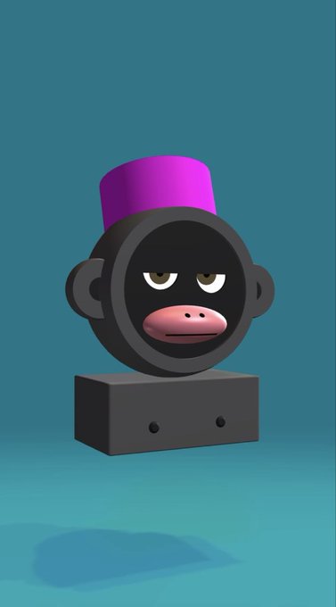 A 3D rendered black cartoon monkey head character wearing a purple hat with a somewhat unimpressed expression, set against a teal background.
