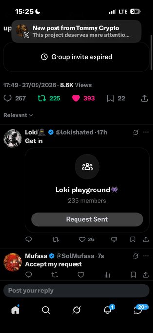 A screenshot from the X (formerly Twitter) app showing a 'New post from Tommy Crypto' notification, a 'Group invite expired' alert, and a post from Loki (@lokishated) showing a 'Loki playground' group with 'Request Sent'.