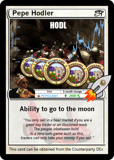 A crypto-themed trading card titled 'Pepe Hodler' featuring Pepecash coins, a rising chart labeled 'HODL', and the ability description 'Ability to go to the moon'.