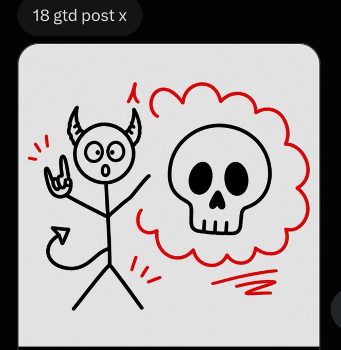 A cartoon drawing of a devil stick figure raising its middle finger toward a skull inside a red thought bubble, with a label reading '18 gtd post x' at the top.