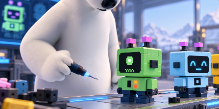 3D-rendered illustration of a white robot holding a soldering tool working on small colorful cube-shaped robots (green and yellow) in a workshop setting.