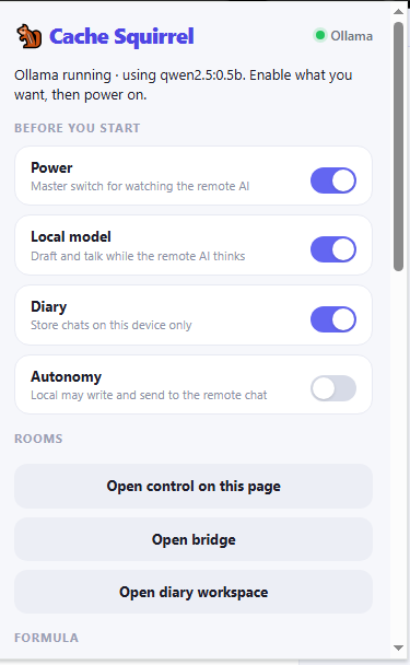 A settings interface for 'Cache Squirrel' (an Ollama browser extension), showing toggle switches for Power, Local model, Diary, and Autonomy features.