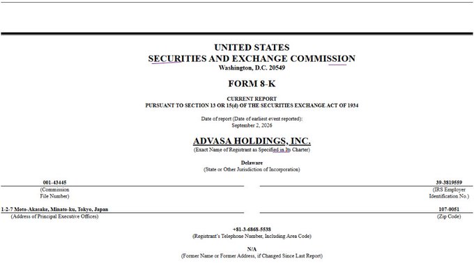 The image shows the cover page of a Form 8-K Current Report filed with the U.S. Securities and Exchange Commission by Advasa Holdings, Inc. (Nasdaq: ADBT), a Delaware-incorporated company headquartered in Minato-ku, Tokyo, Japan, reporting on a current event dated September 2, 2026. This filing supports the accompanying post about Advasa's announcement of its move into Real-World Assets (RWA), referencing a Ripple + Boston Consulting Group report on tokenization.