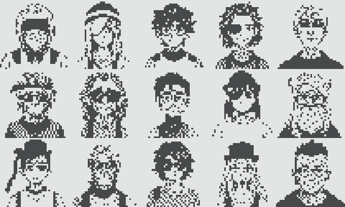 A collection of pixelated black-and-white character portraits arranged in a 5x3 grid, resembling retro video game sprite art.