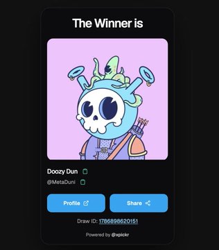 A digital card titled 'The Winner is' features a cartoon character with a blue skull head and mushroom accessories, labeled 'Doozy Dun' with the handle '@MetaDun1' and 'Draw ID: 178698620151'.