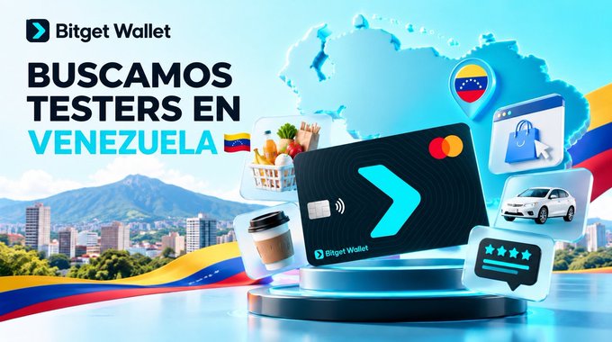 An advertisement for Bitget Wallet showing 'BUSCAMOS TESTERS EN VENEZUELA' with the Venezuelan flag, a city skyline, and icons representing groceries, shopping, coffee, a car, and rewards.
