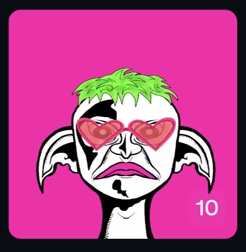 A stylized illustration of a cartoon character with green hair, pink heart-shaped sunglasses, and bat-like ears against a bright pink background with the number '10' in the corner.